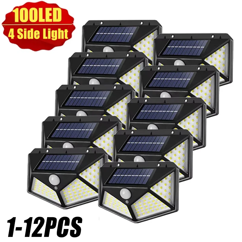 100-LED-Solar-Wandleuchten für den Außenbereich, Solarlampe, wasserdicht, Bewegungsmelder, solarbetrieben, Sonnenlicht, Straßenlaterne für Gartendekoration