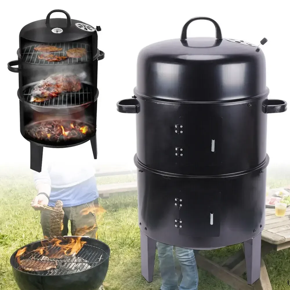 NEU Holzkohle-BBQ-Grill Smoker Box Räucherofen zum Kochen von Speisen Runder Doppelschichtiger Smoker Barrel Holzkohleofen aus Stahl