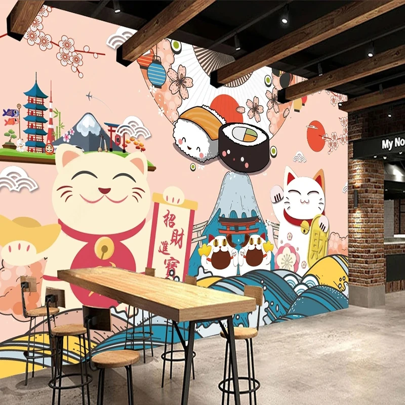 Benutzerdefinierte 3D-Fototapete jeder Größe im japanischen Stil, Sushi, die Katze für Essen, Restaurant, Hintergrundwand, Papel de Parede Tapety verdammt Image