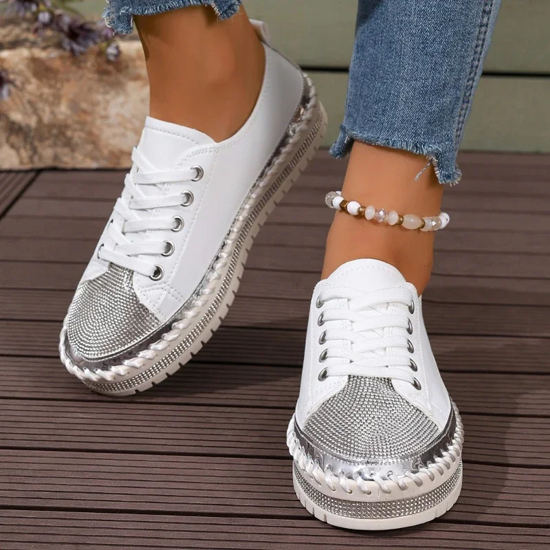 Damen Casual Sneakers mit Strass-Kristallen, Plateau-Schuhe, Modische Schnür-Sportschuhe, Bequeme Elegante Flache Schuhe für Frauen