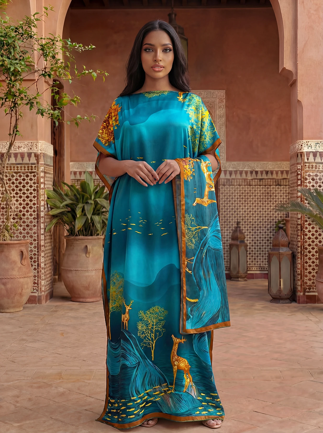 Eleganter Bedruckter Seiden-Afrikanischer Schal Sommer Mode Langer Hijab Kaftan Kleid Übergroßer Muslimischer Damen Kuwait Abaya Schal für Frauen Image