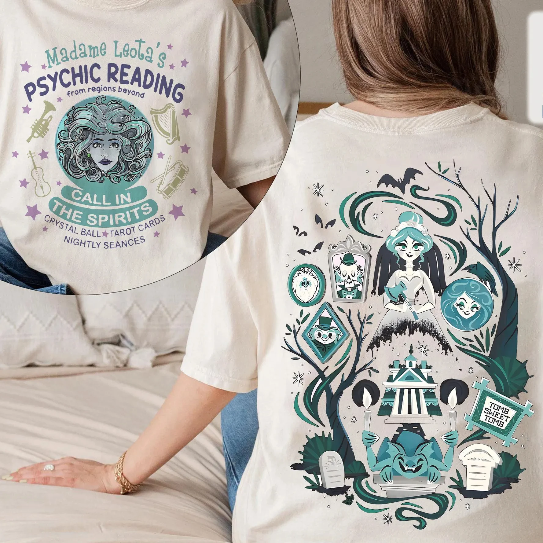 Psychische Interpretation des April-Fool's-Shirt-Schilds, Retro-Disney-Halloween-T-Shirt „Mrs. Liotta Haunted House“, Disneyland-Familienoutfit