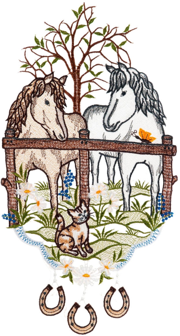 Fensterbild "Fensterbild "Pferdekoppel" farbig", bunt, B:21cm H:38cm, Polyester, W. REUTER & SOHN - PLAUENER SPITZE, Fensterbilder Image