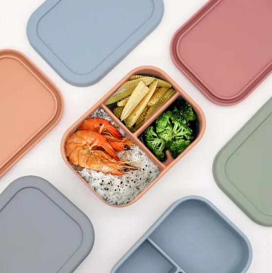Scatola pranzo per bambini in Silicone ecologico a prova di perdite per uso alimentare impilabile Bento a 3 scompartimenti per sala da pranzo usa e getta Bento scatole per bambini