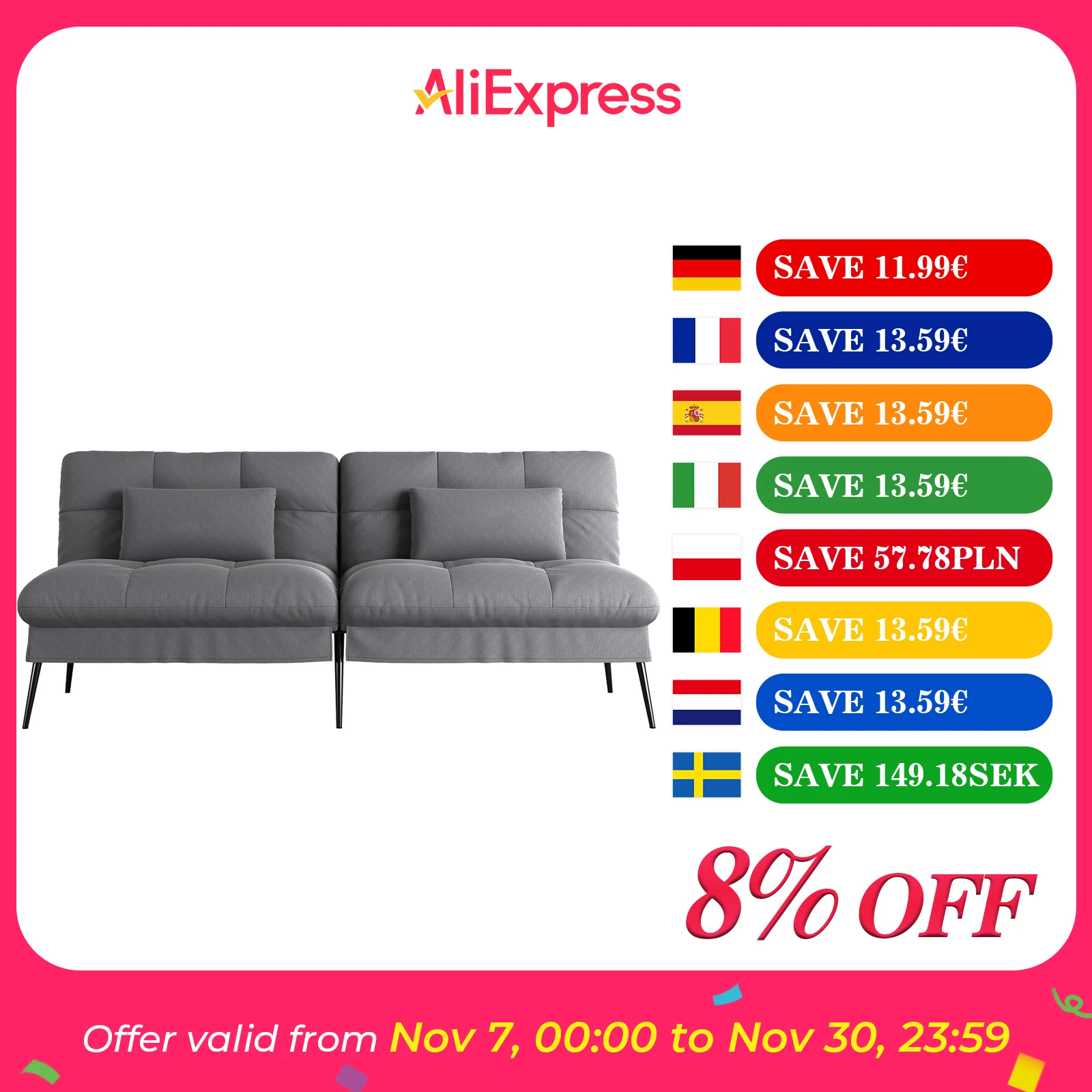 COMHOMA Schlafsofa mit Schlaffunktion, Futonbezug ausklappbar, Ecksofa, Gästesofa 3-Sitzer mit Verstellbarer Rückenlehne, Stoff