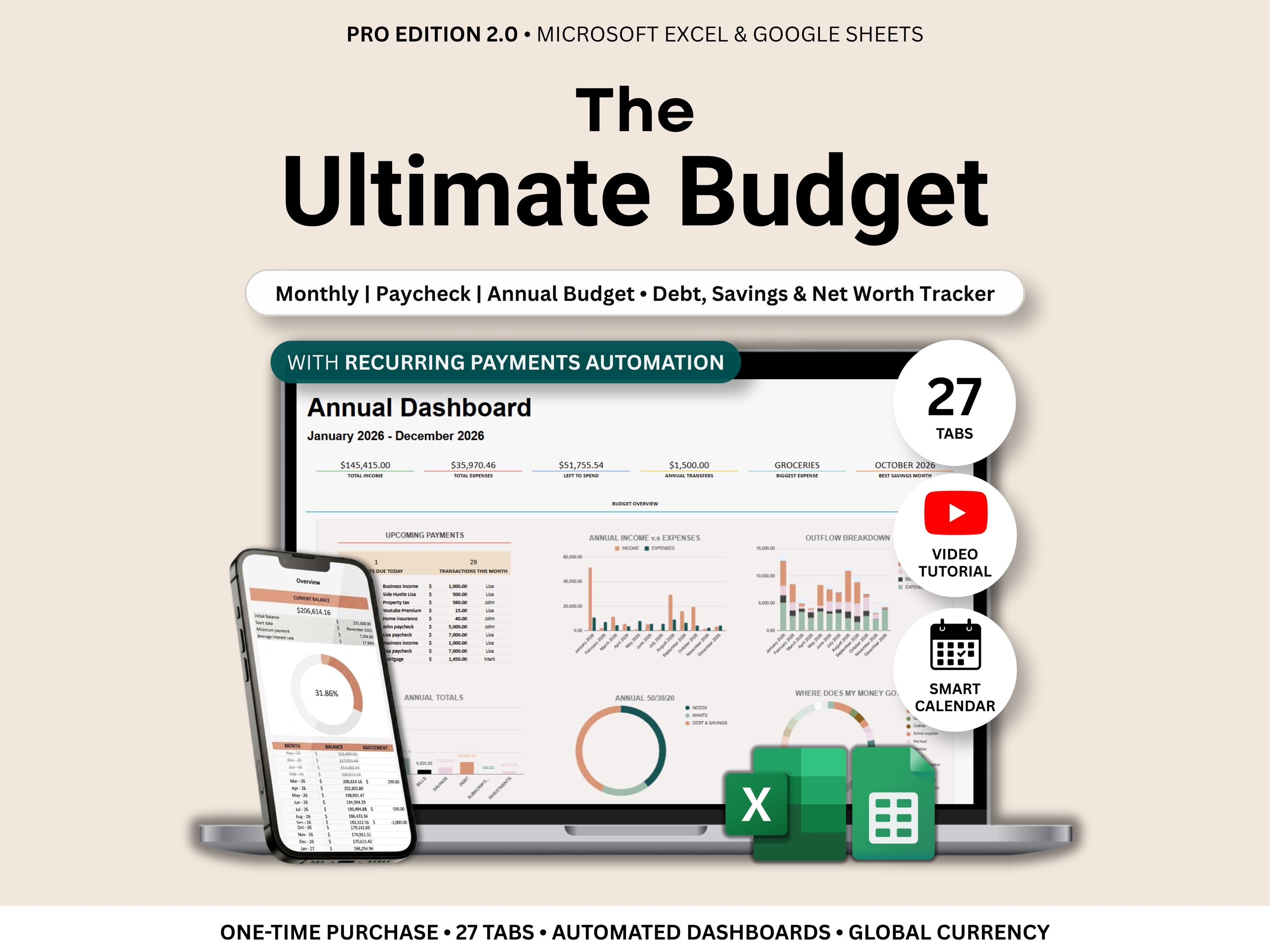 Foglio di calcolo per il budget annuale definitivo, modello di budget Excel, Google Sheets, budget per la busta paga, tracker del budget mensile, trac