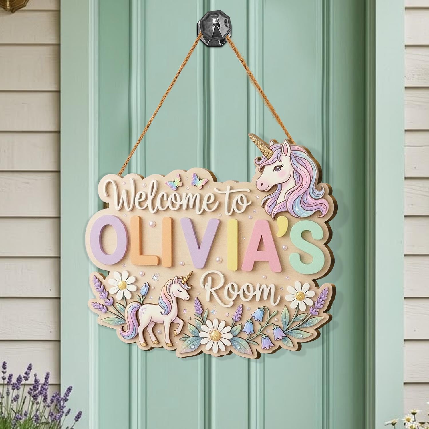 Targa personalizzata per porta con unicorno per cameretta dei bambini, decorazione murale con unicorno con nome personalizzato, appendino per porta ca