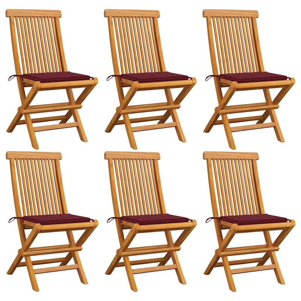 vidaXL Gartenstühle mit Weinroten Kissen 6 Stk. Massivholz Teak Image