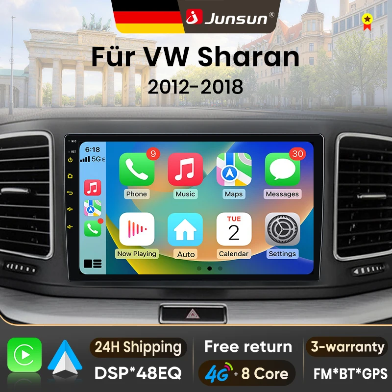 Autoradio Android 15 da 9 pollici Junsun per VW Volkswagen Sharan SEAT Alhambra 7N 2012-2018 Wireless per Apple CarPlay Auto Schermo IPS Stereo Lettore Multimediale Video Sistemi Intelligenti