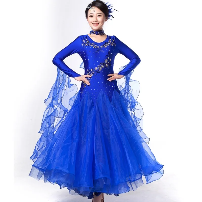 Abito da ballo da sala per donna Abiti da pratica di danza moderna standard Manica lunga Grande altalena Tango Valzer Costumi di scena