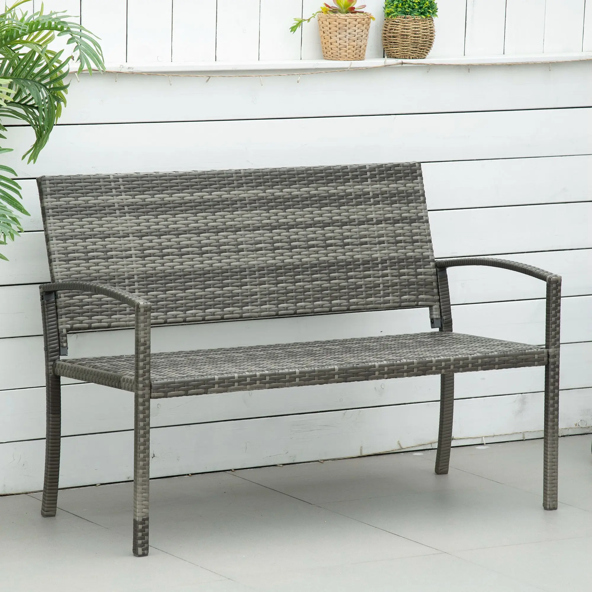 Outsunny 2 Seater Poly Rattan Garden Bench,All Weather Wicker Garden Loveseat,with Backrest and Armrests,Grey ﻿