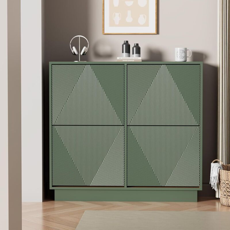 Uev Scarpiera Da Ingresso Con 4 Ante In Deisgn Intaglio, Mobile Scarpiera Bella E Funzionale Con Ripiani Rimovibile E Regolabile, Scarpiere Salvaspazio Slim Stabili, 99 X 24 X 91cm, Verde