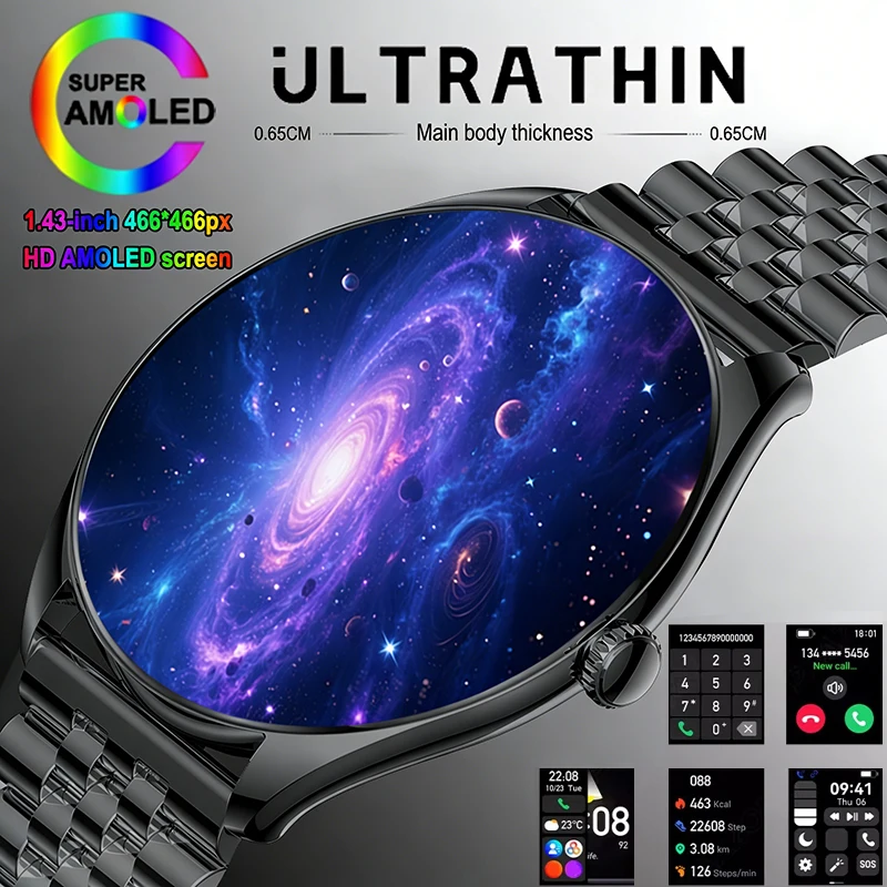 Neue ultradünne Smartwatch für Herren, AMOLED-3D-Bildschirm, zeigt immer die Zeit an, Sport, Fitness, wasserdicht, Herzfrequenz, Bluetooth-Anruf, Smartwatches Image