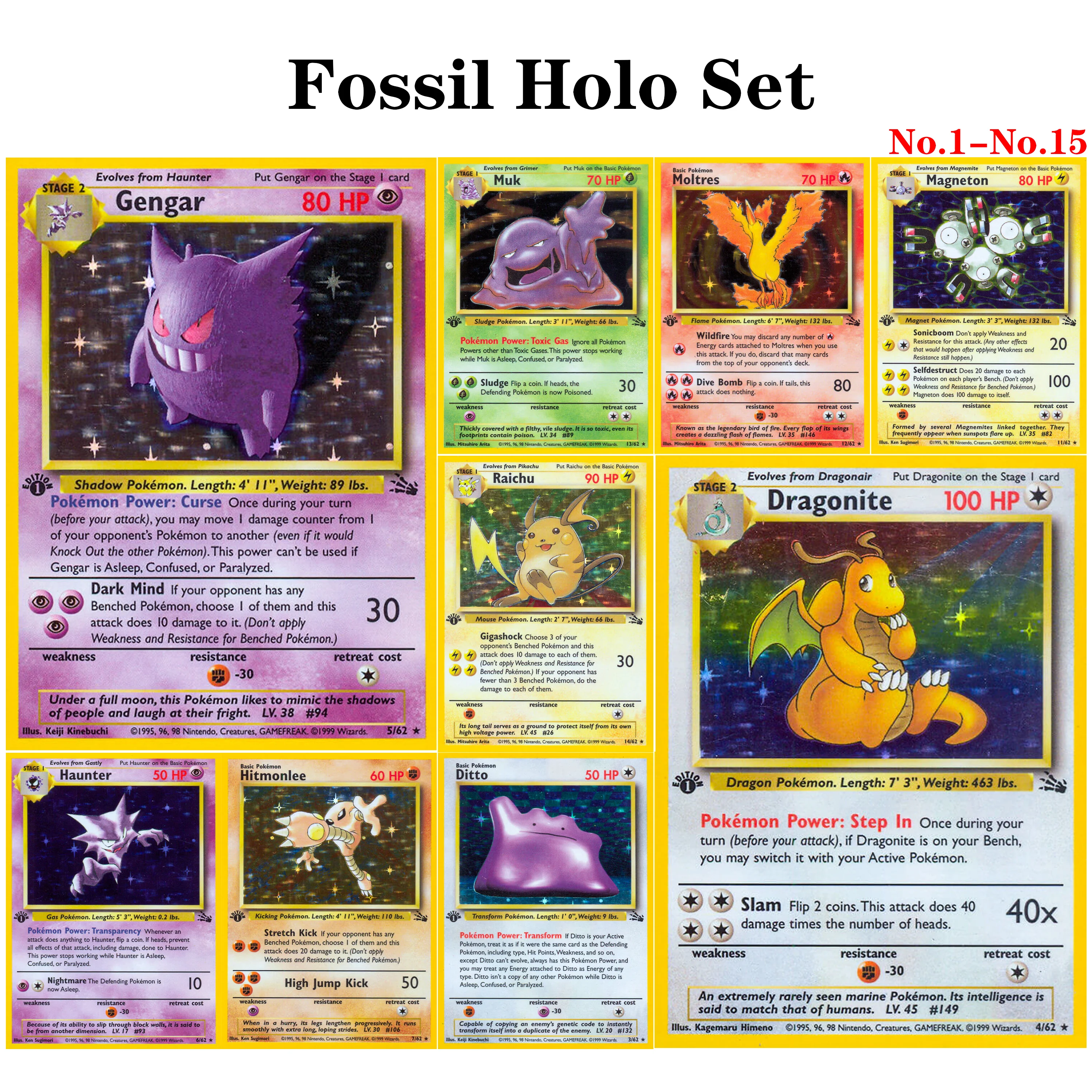 1999 PTCG FOSSIL 1. Auflage Seltene PKM-Folienkarten Nr. 1-Nr. 15 Aerodactyl/Gengar/Dragonite/Lapras/Zapdos TCG Sammelkarten zum Selbstgestalten Image