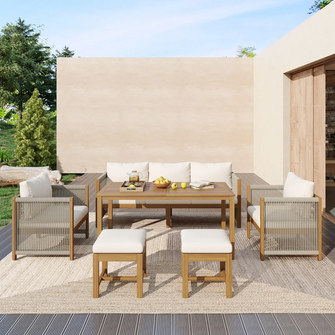 Ensemble de table et chaises de jardin, ensemble de chaises longues de jardin, ensemble de 6 pièces. Ensemble de meubles de jardin, canapé 3 places, 2 fauteuils, 2 tabourets, table à manger, en bois