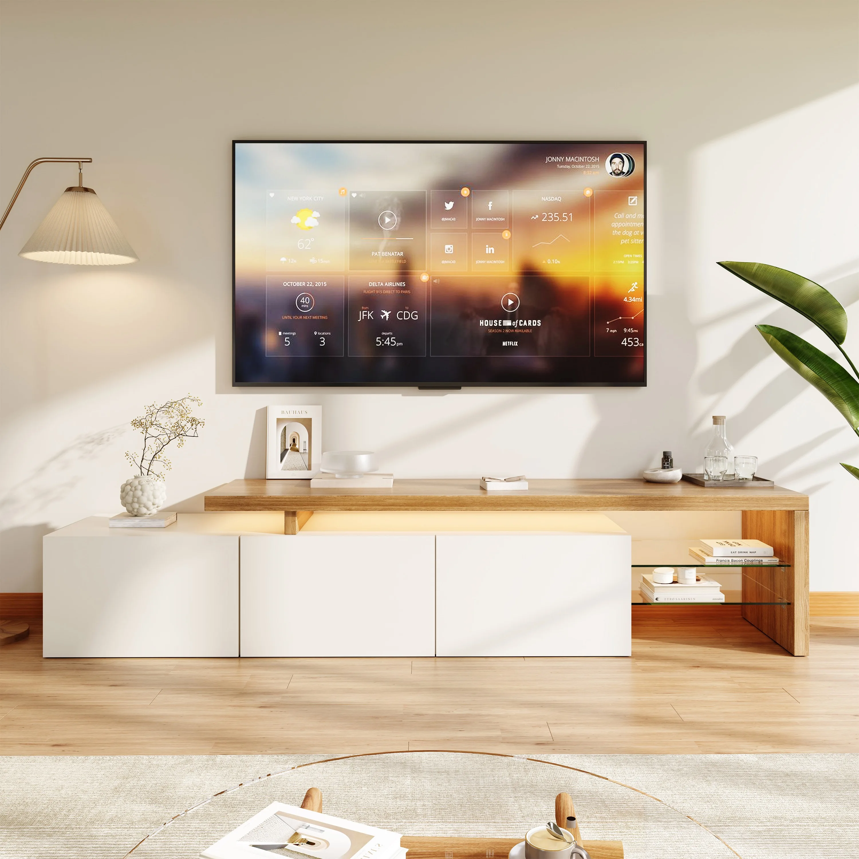 Meuble TV Rosahqnda avec LED, 200x39x42cm, meuble TV bas, support TV, meuble TV, commode TV, salon, salle à manger