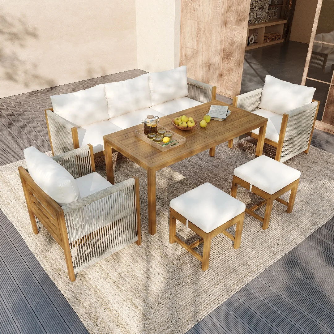 Ensemble de table et chaises de jardin, ensemble de chaises longues de jardin, ensemble de 6 pièces. Ensemble de mobilier de jardin, table à manger, plateau en acacia, beige