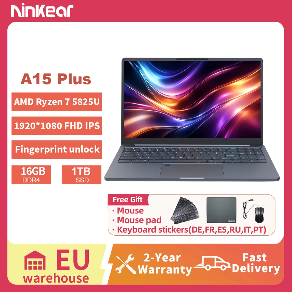 PC Portable Ninkear A15 Plus 15.6 Pouces Écran FHD IPS AMD Ryzen 7 5825U 16GB DDR4 1TB SSD WiFi 6 Windows 11 Pro Office Ordinateur Portable Gaming pour Bureau Étudiant Multimédia