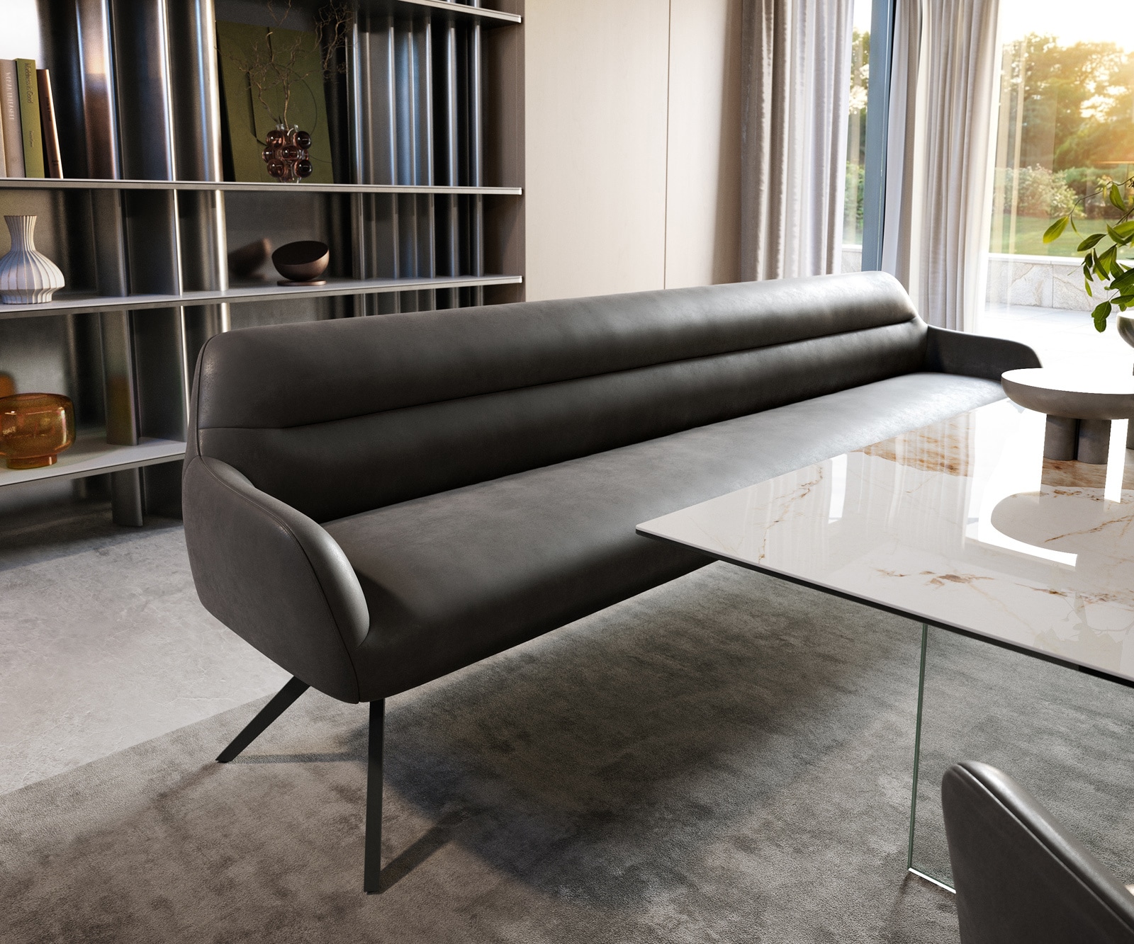DELIFE Esszimmerbank Taya-Flex 300 cm Mikrofaser Anthrazit Vintage Kreuzgestell kantig Schwarz Taschenfederkern, Bänke