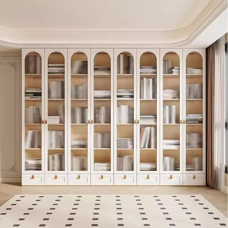 Libreria di lusso dal design moderno Porta in vetro semplice Scaffale da pavimento in legno massello leggero Libreria aperta Libreria da parete integrata