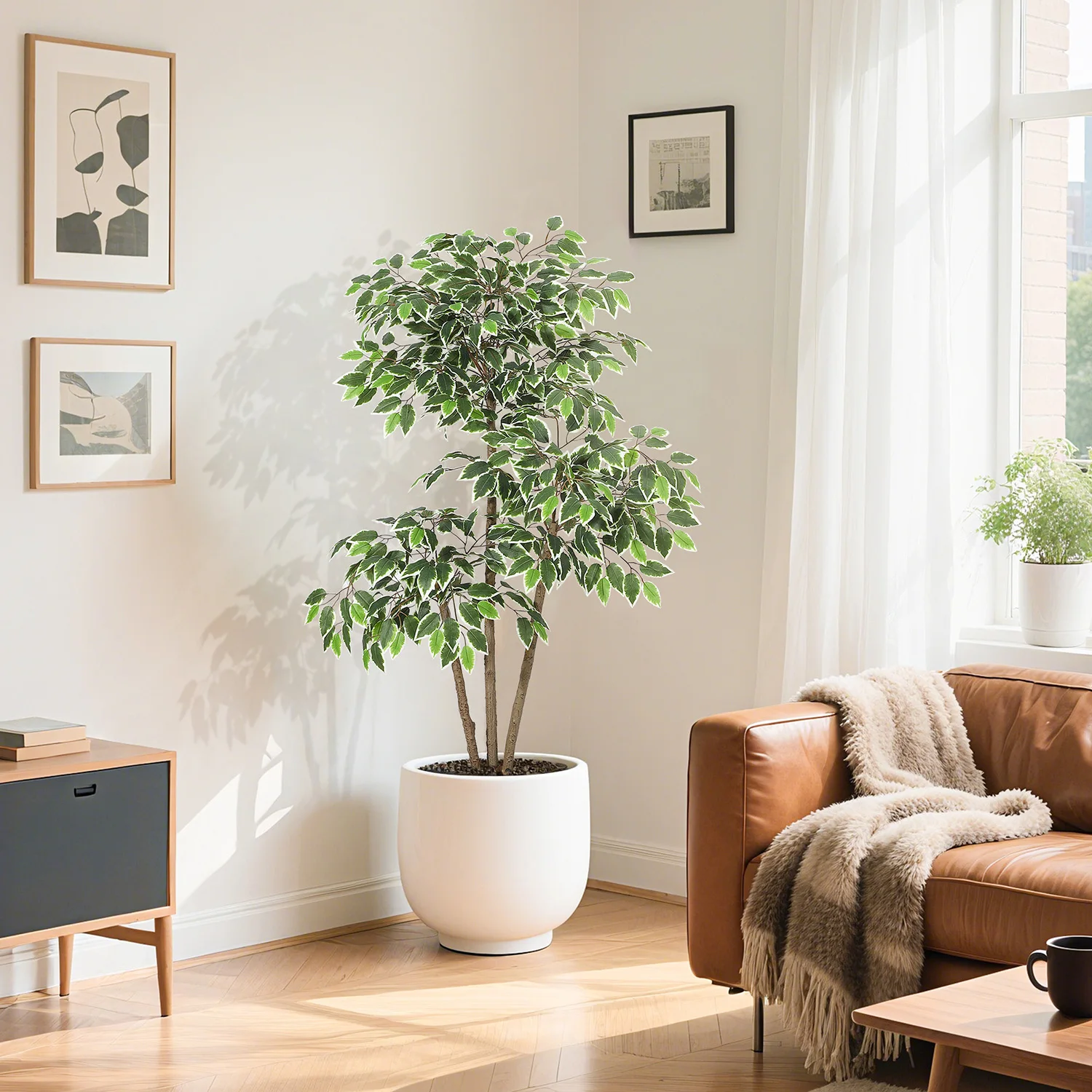 Künstlicher Ficus-Baum mit weißem hohem Pflanzgefäß, künstliche Pflanzen, grüner Seidenbaum für Heimdekoration, Innenbereich, Garten, Büro Image