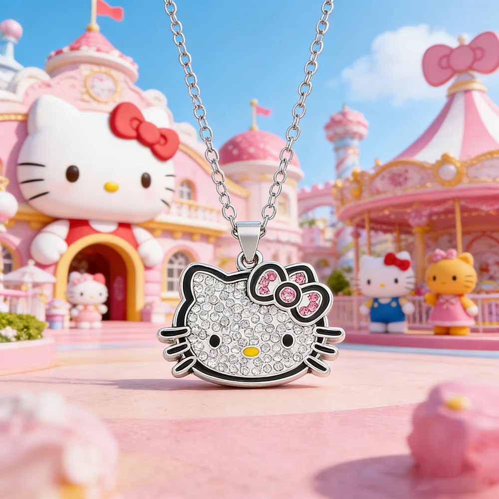 Sanrio Kawaii Hello Kitty Strass-Anhänger Halskette Niedlicher Cartoon KT Katzen-Charm Schmuck Geschenk zum Geburtstag