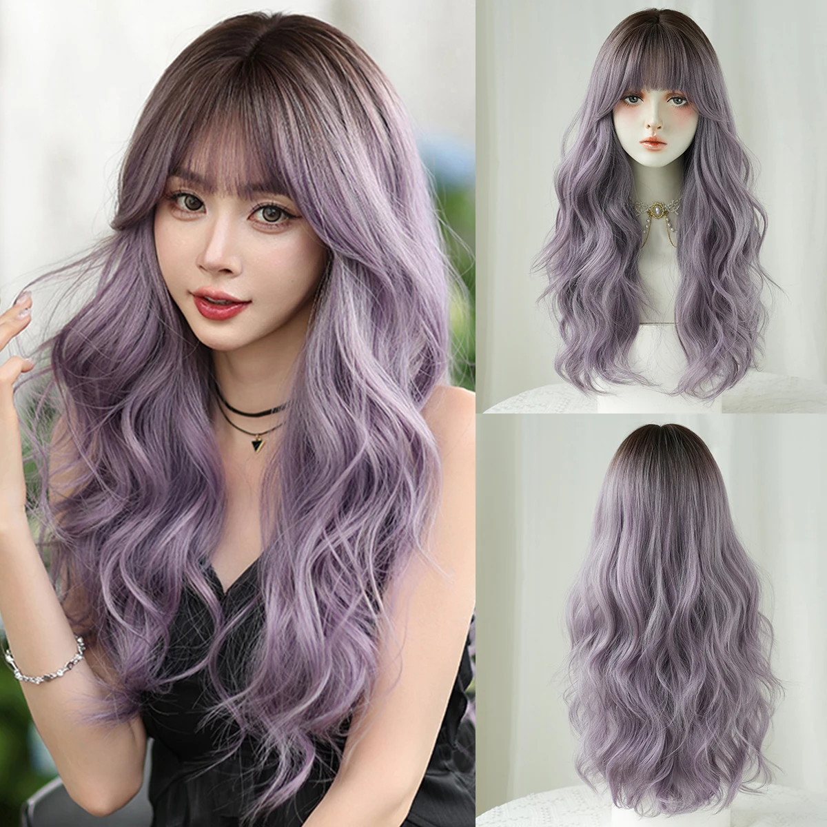 7JHH WIGS Lange Wasserwellen-Perücke in Lila für Damen, synthetische, hitzebeständige, modische Perücken zum sofortigen Tragen mit dunklen Ansätzen Image