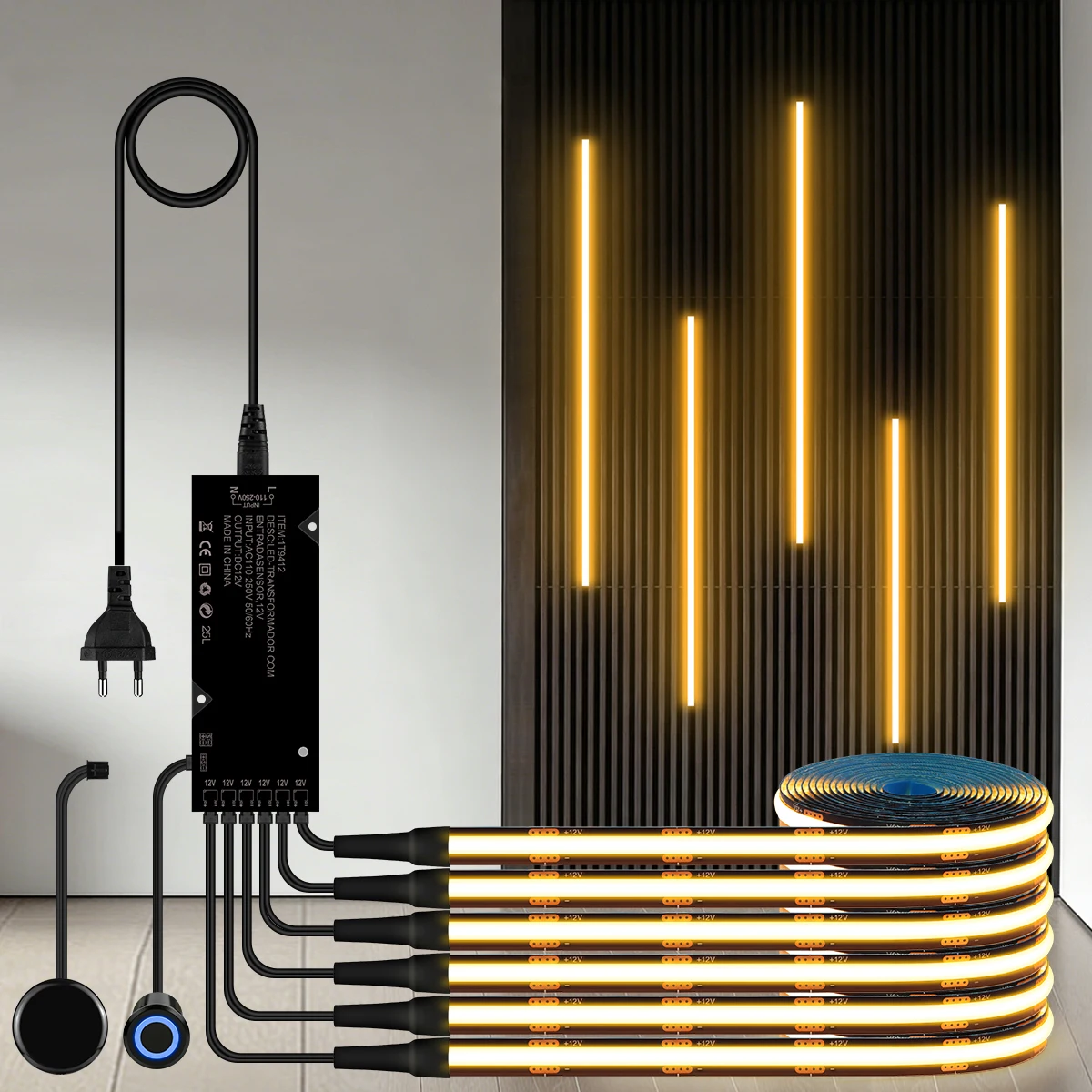 Dimmbare COB-LED-Lichtleiste mit Doppel-Touch-Sensor für akustische Holzlamellen-TV-Hintergrundbeleuchtung, Wandpaneele und Umgebungsbeleuchtung unter Schränken Image