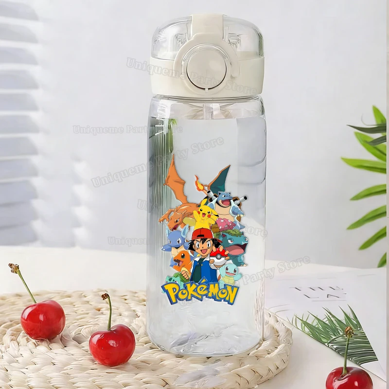 400ML Pokémon Kinder-Trinkflasche, Niedliche Pikachu Transparente Plastikflaschen, Cartoon-Sport-Trinkbecher mit Strohhalm für Jungen und Mädchen, Outdoor-Flaschen Image