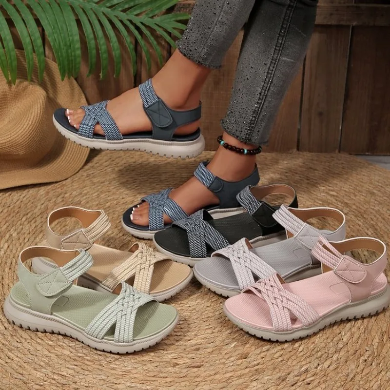 Damenmode-Trend: Rutschfeste, bequeme, farblich passende Sohle, flache Sandalen mit Schnürsenkeln, Übergrößen 36-43 Image