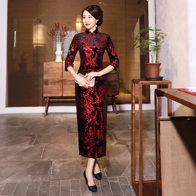 Qipao Damen Herbst Winter Luxus Langarm Traditionell Lila Rot Schwarz Elegant China Übergrößen Samt Locker Sitzendes Kleid Cheongsam