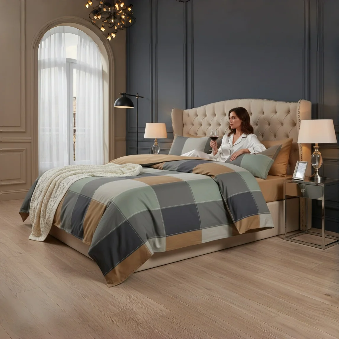 3-teiliges kariertes Farbblock-Bettwäscheset aus 100 % Baumwollsatin – weicher, atmungsaktiver Bettbezug (220 x 200 cm) und 2 Kissenbezüge – langlebig und farbecht Image