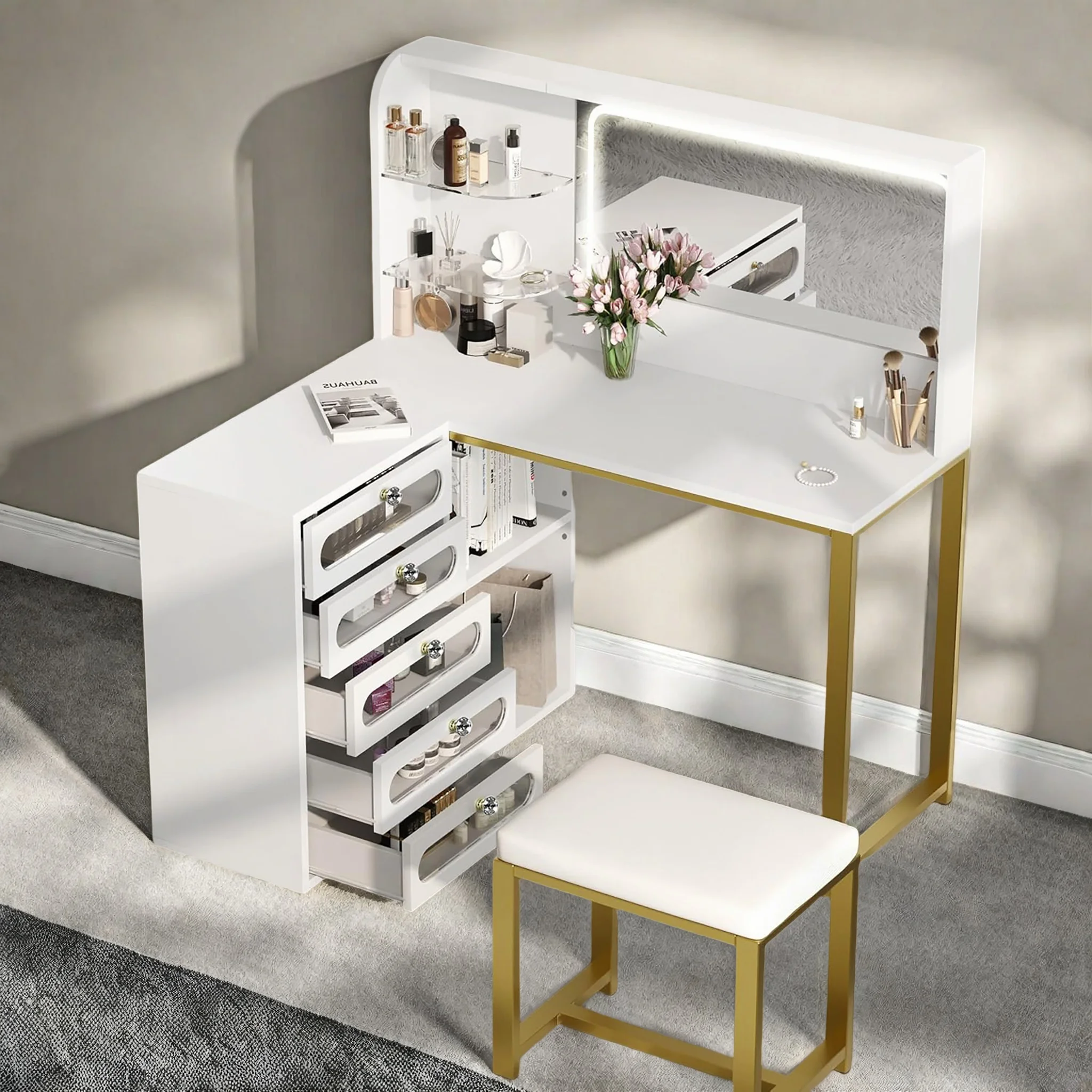 Superaly Schminktisch mit LED-Spiegel und Gepolstertem Hocker, L-Form, 5 Schubladen und Regale, Weiß Image