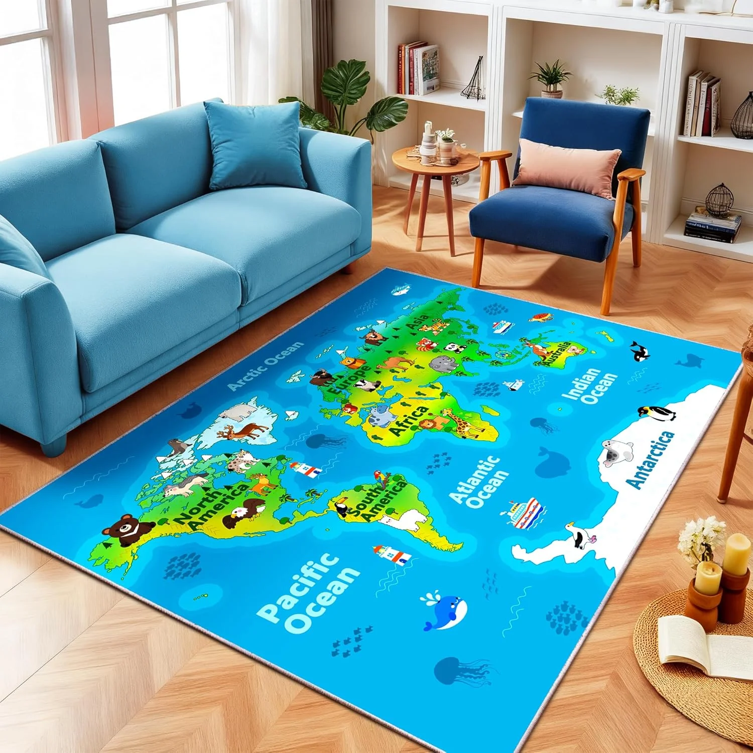 Pädagogischer Weltkarten-Spielteppich für Kinder Cartoon-Tierkarte und Meereslebewesen Spielmatte Rutschfester Teppich für Spielzimmer