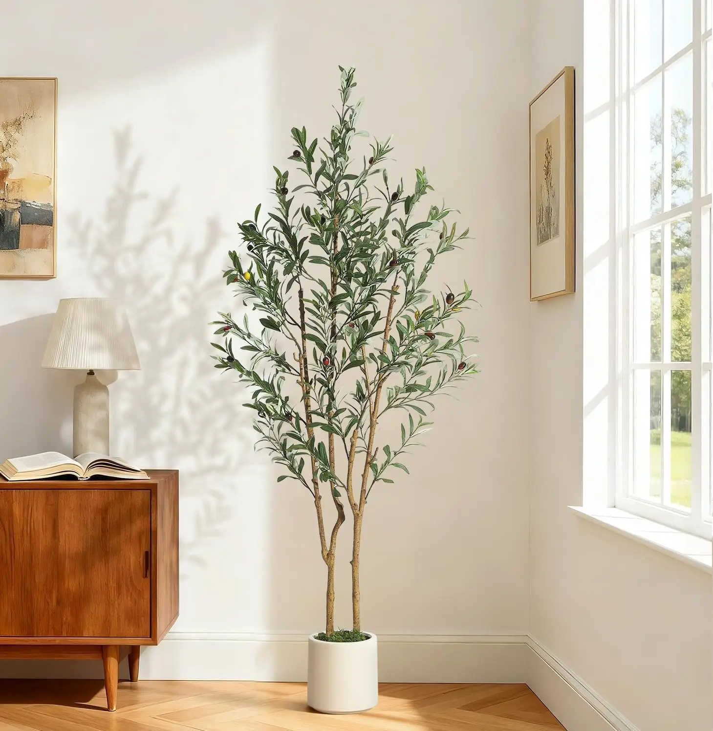 Künstliche Olivenbäume 150cm Künstlicher Olivenbaum mit Weißem Pflanzgefäß Künstliche Pflanzen mit Natürlichem Holzstamm für Heim- und Bürodekoration Image