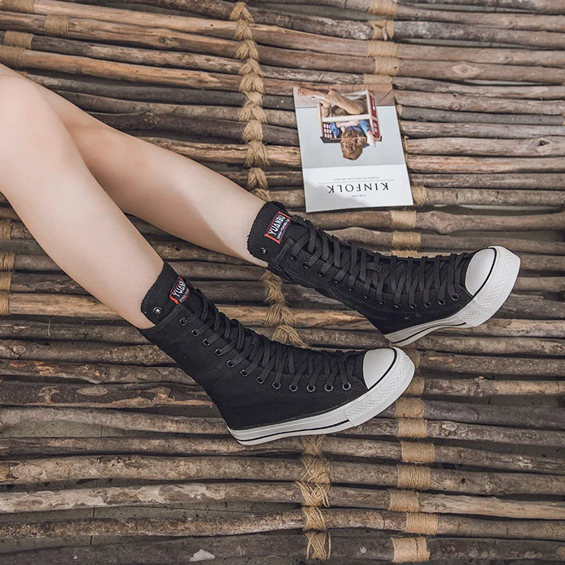 Größe 34-43 Frauen Schuhe Leinwand Casual High Top Schuhe Lange Stiefel Lace-Up Zipper Bequeme Flache Stiefel turnschuhe Tenis De Mujer