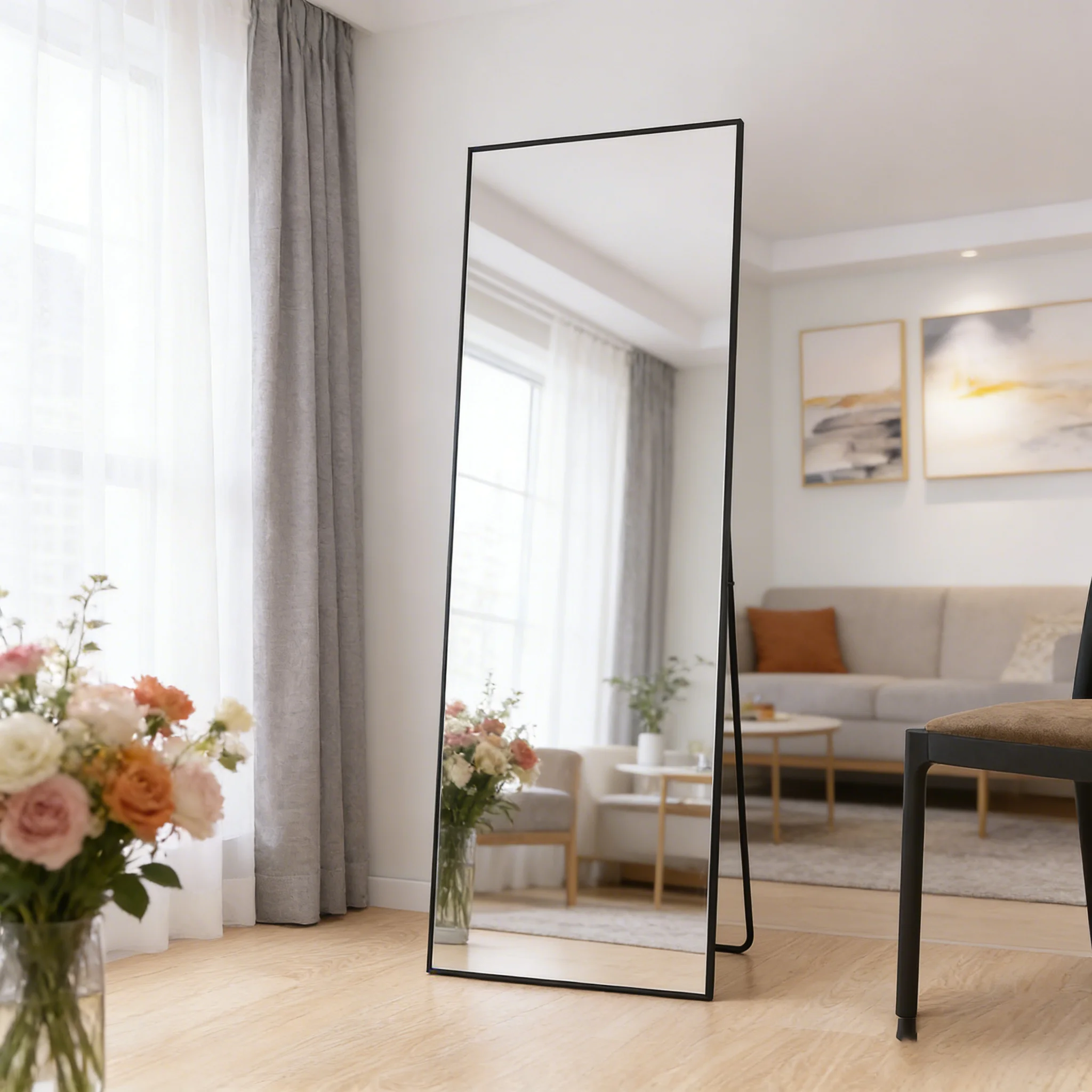 Anajqaqia 165 x 60 cm Ganzkörperspiegel, Standspiegel mit Aluminiumlegierungsrahmen, gehärtetes Glas, für Wohnzimmer, Schlafzimmer, Schwarz