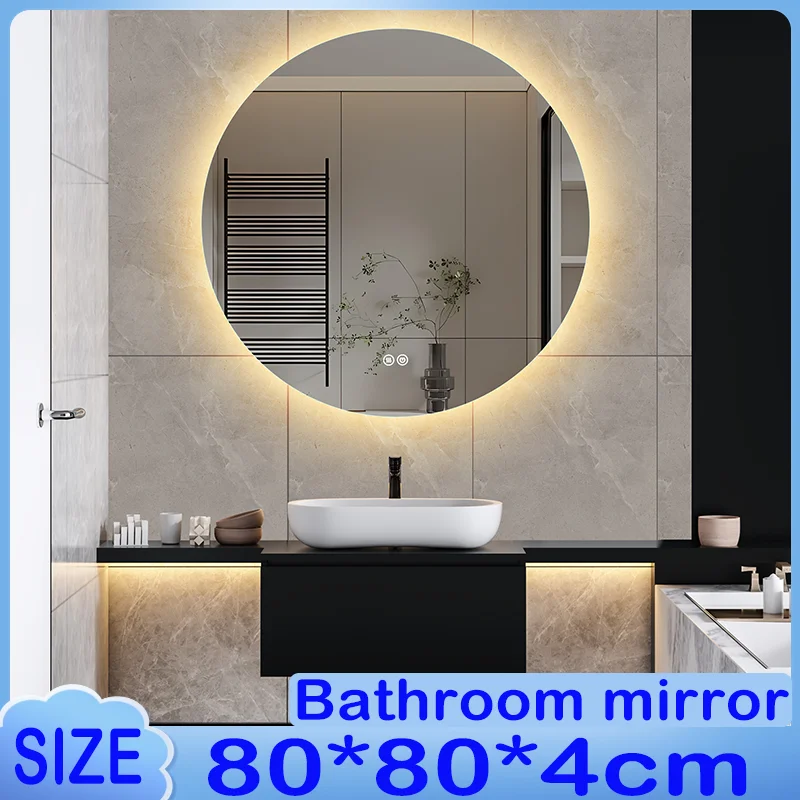 Anajqaqia Runder Badezimmerspiegel mit Antibeschlag-Funktion, 3-stufiger Helligkeitsregelung, Rahmenloses Design, 80cm.