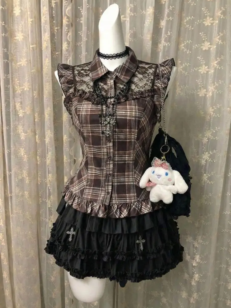 Kawaii Damen Freizeitkleider 2-teiliges Set Y2k Goth Punk Vintage 90er Jahre Spitzenoberteil+Minirock Schlank Sexy Sommer Hot Girl Grunge Emo Chic