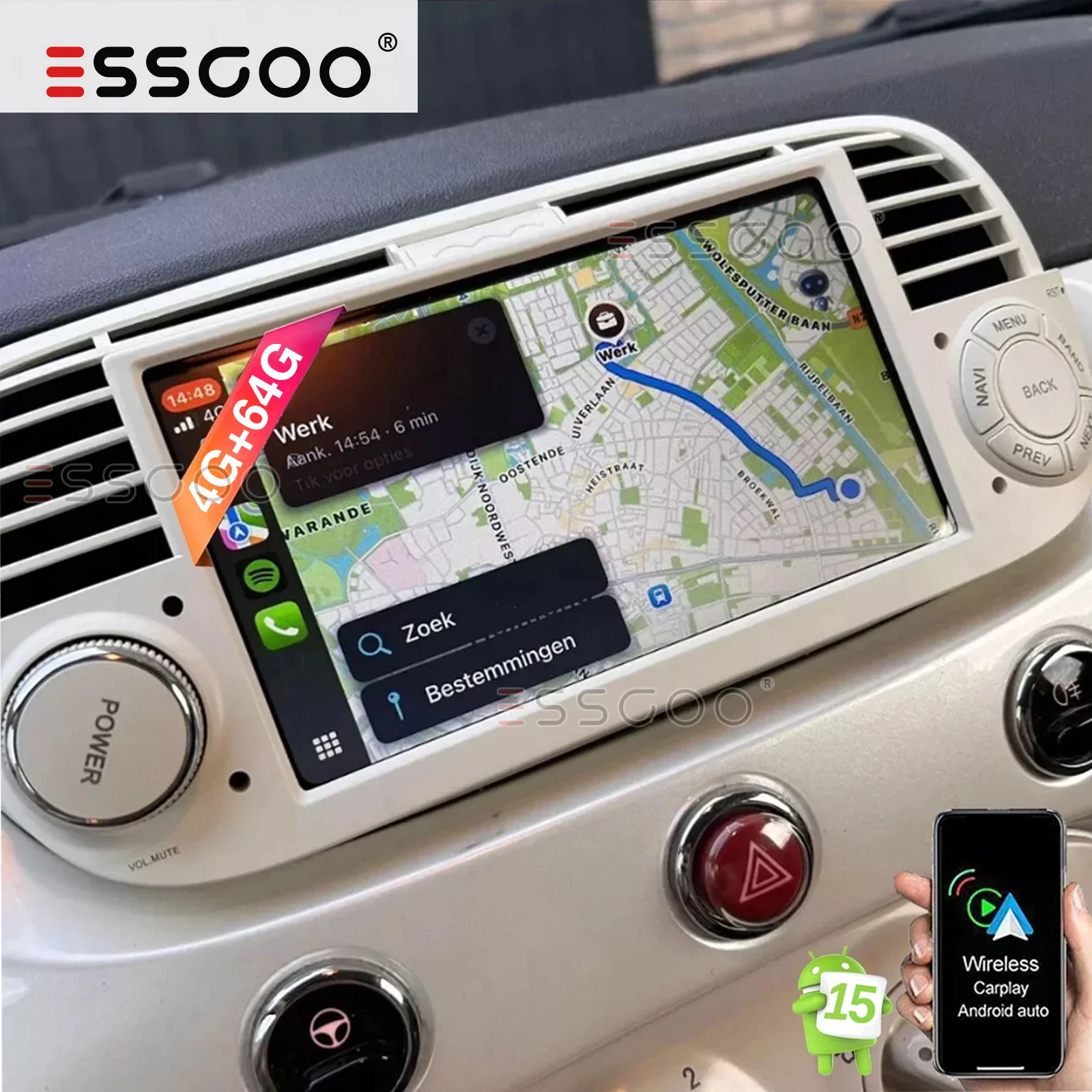 ESSGOO 7" 4+64G Wireless Carplay Android 15 Autoradio für Fiat Abarth 500 2007-2015 Android Auto GPS Navi Wifi BT RDS SWC Image
