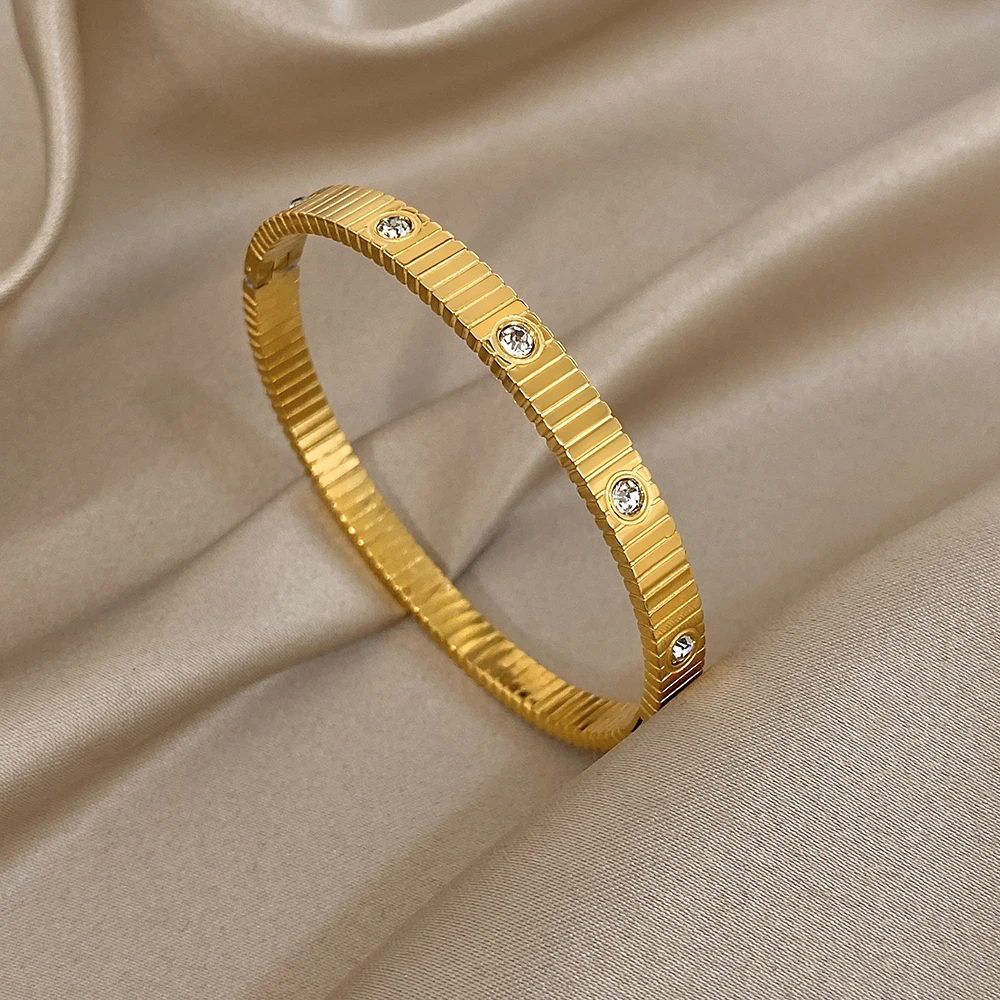 Minimalistischen Edelstahl Gestreiften Runde Armband Frauen Luxus Zirkon Geometrie Manschette Frühling Armreif Wasserdicht Schmuck Geschenk Neue Image