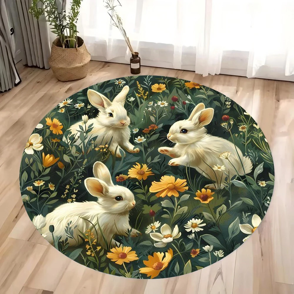 Runder Teppich mit drei Kaninchen, Osterblumen-Kaninchenmuster, rutschfester Teppich für Schlafzimmer und Wohnzimmer, dekorative Bodenmatte Image