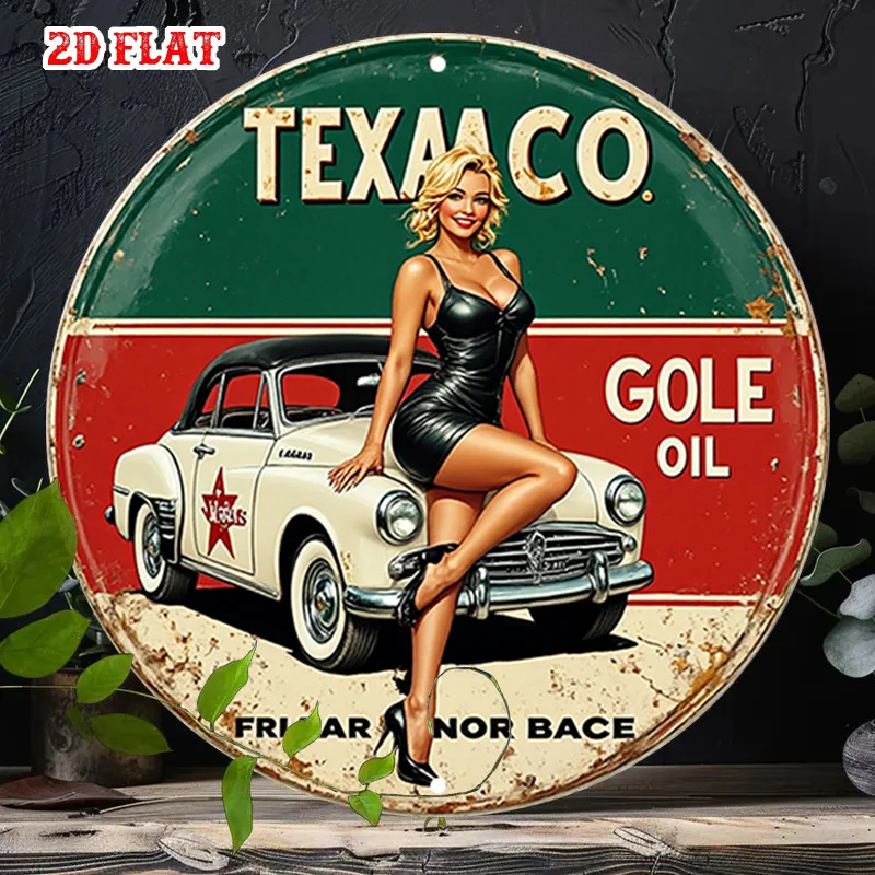 2D Flaches Pin-Up-Girl Rundes Aluminiumschild, Nostalgisches Vintage-Auto Rustikale Metall-Wandkunst, Klassische Retro-Werbedekoration, Rahmenlos Image