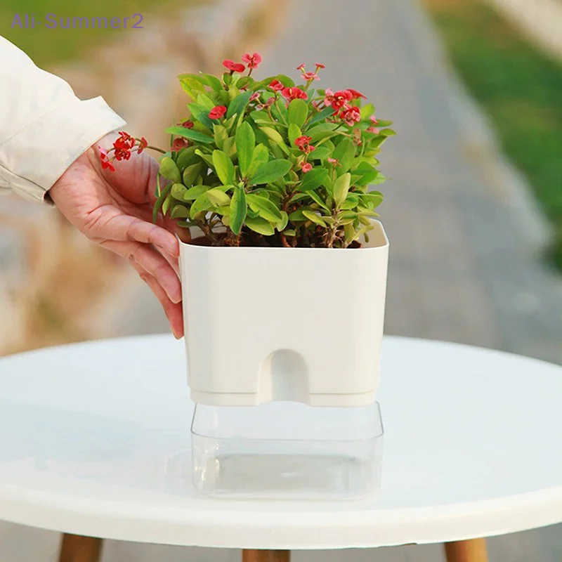 {Summer2} Selbstbewässernder Pflanzentopf, magnetischer Kunststoff-Blumentopf mit selbstabsorbierendem Baumwollseil für doppelstöckige, pflegeleichte Pflanzen Image