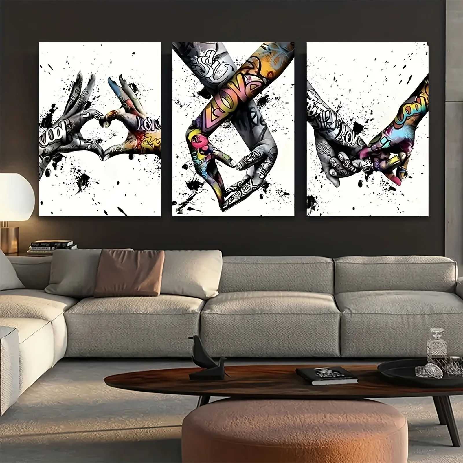3-teiliges Wandbild mit Holzrahmen, abstrakte Kunst, Street Graffiti, Liebe, Hand in Hand, ästhetischer Leinwanddruck, kreative Kunst Image