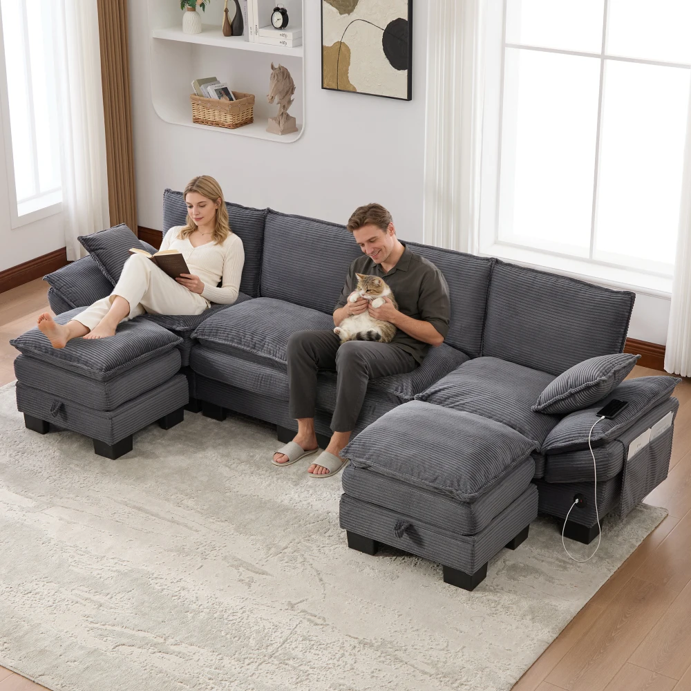 4-Sitzer Modulares Kabelgebundenes Sofa mit 2 Hockern, Ergonomisches Design, Hochdichte Schaumstoffpolsterung, Sofa mit USB-C-Anschluss und Seitentaschen Image