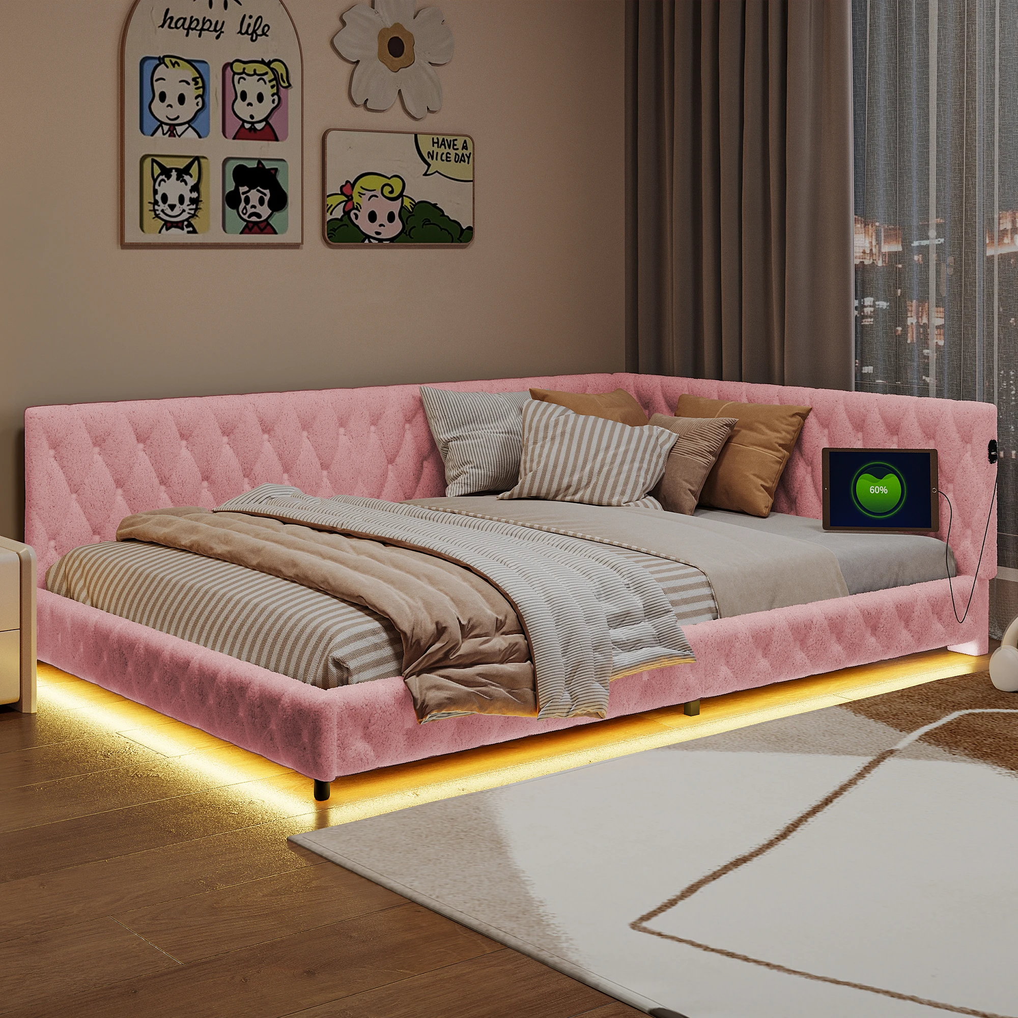 Superaly 140x200cm gepolstertes Tagesbett, LED-Kinderbett, gepolstertes Doppelbett, Schlafsofa für Schlafzimmer, Wohnzimmer, Teddy-Fleece, Rosa Image