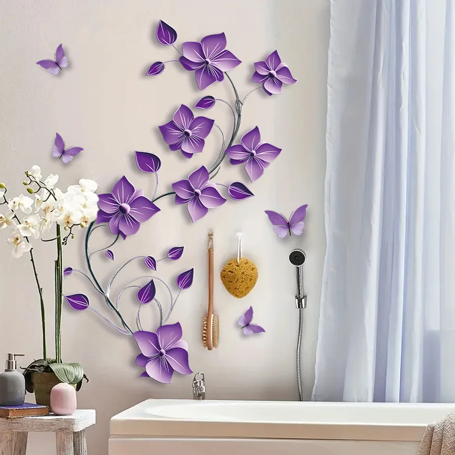 3D lila Blume Wandaufkleber Kunst Schmetterling Wandtattoos für Mädchen Schlafzimmer Wohnzimmer Dekoration selbstklebende Tapete