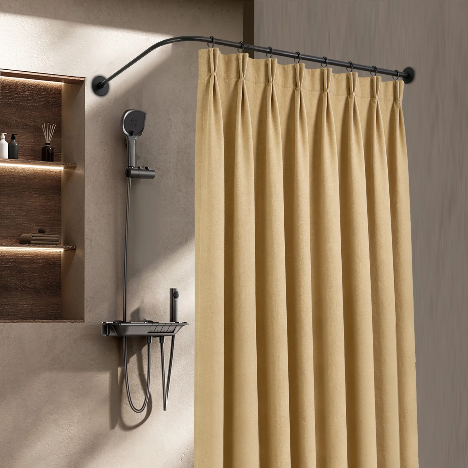 L-förmige Eck-Duschvorhangstange Verstellbar 201 Edelstahl Schwarz Ohne Bohren / Mit Bohrer Installation Badezimmer Badewannenstange Image