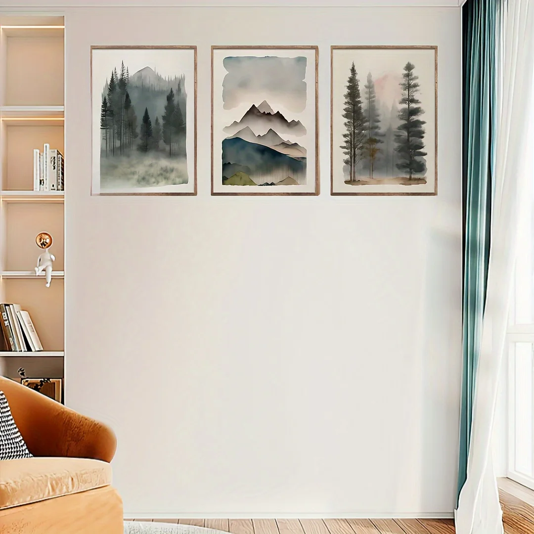 3-teiliges Set Berg-Natur Abstrakte Landschaft Moderne Minimalistische Wandkunst - Rahmenlose Leinwanddrucke in Gedämpftem Grün, & - Friedlicher Wald,